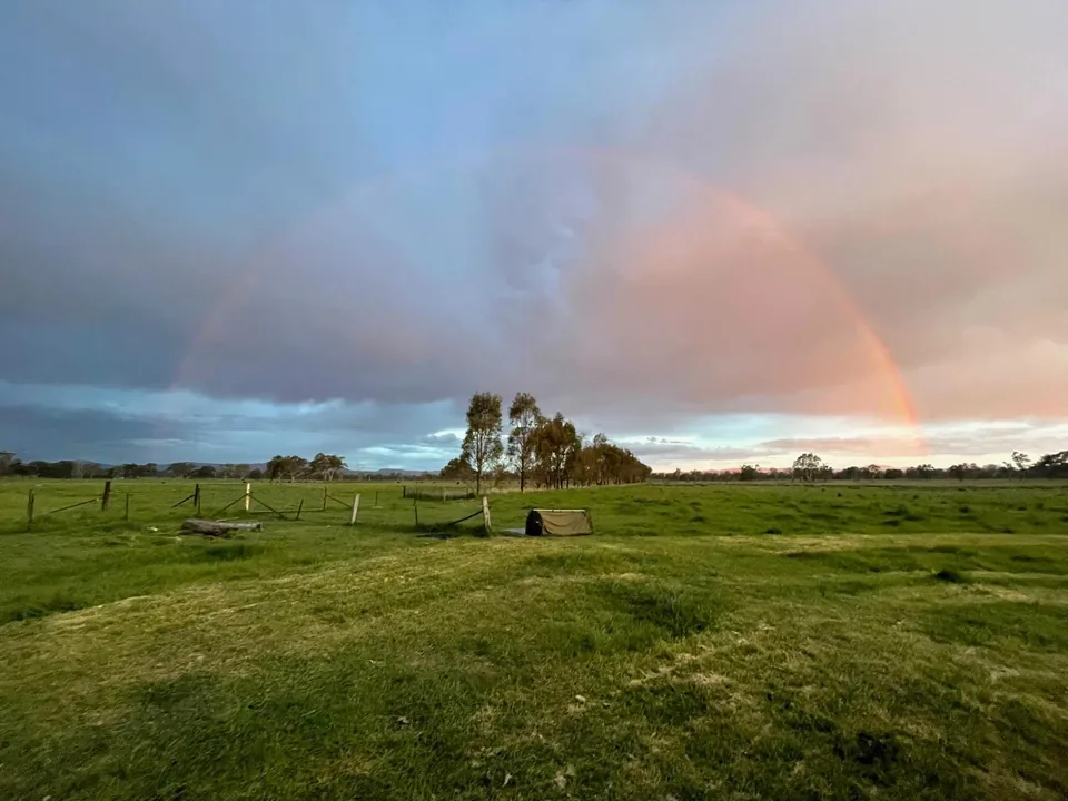 Rainbow over a green field at Midland Meadow.